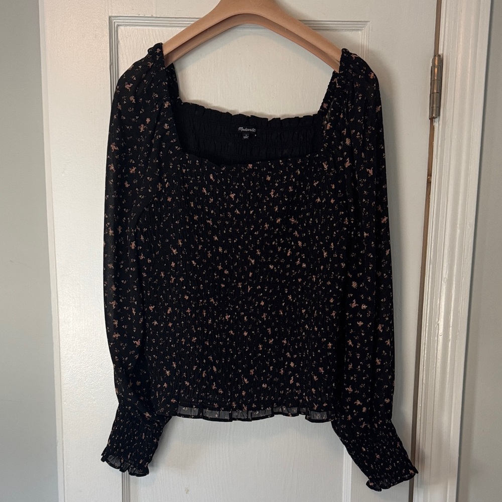 Madewell Black Floral Smocked Blouse